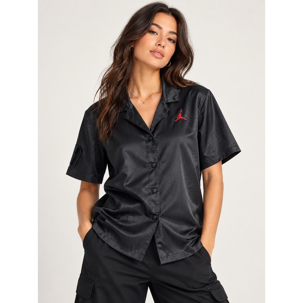 Jordan Essentials Womens Pinstripe Satin Button Down Top Black DM5228-010 S